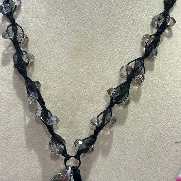 Black Diamond Crystal & Tulle Beaded Necklace-Adjustable-Boutique - Picture 7 of 11